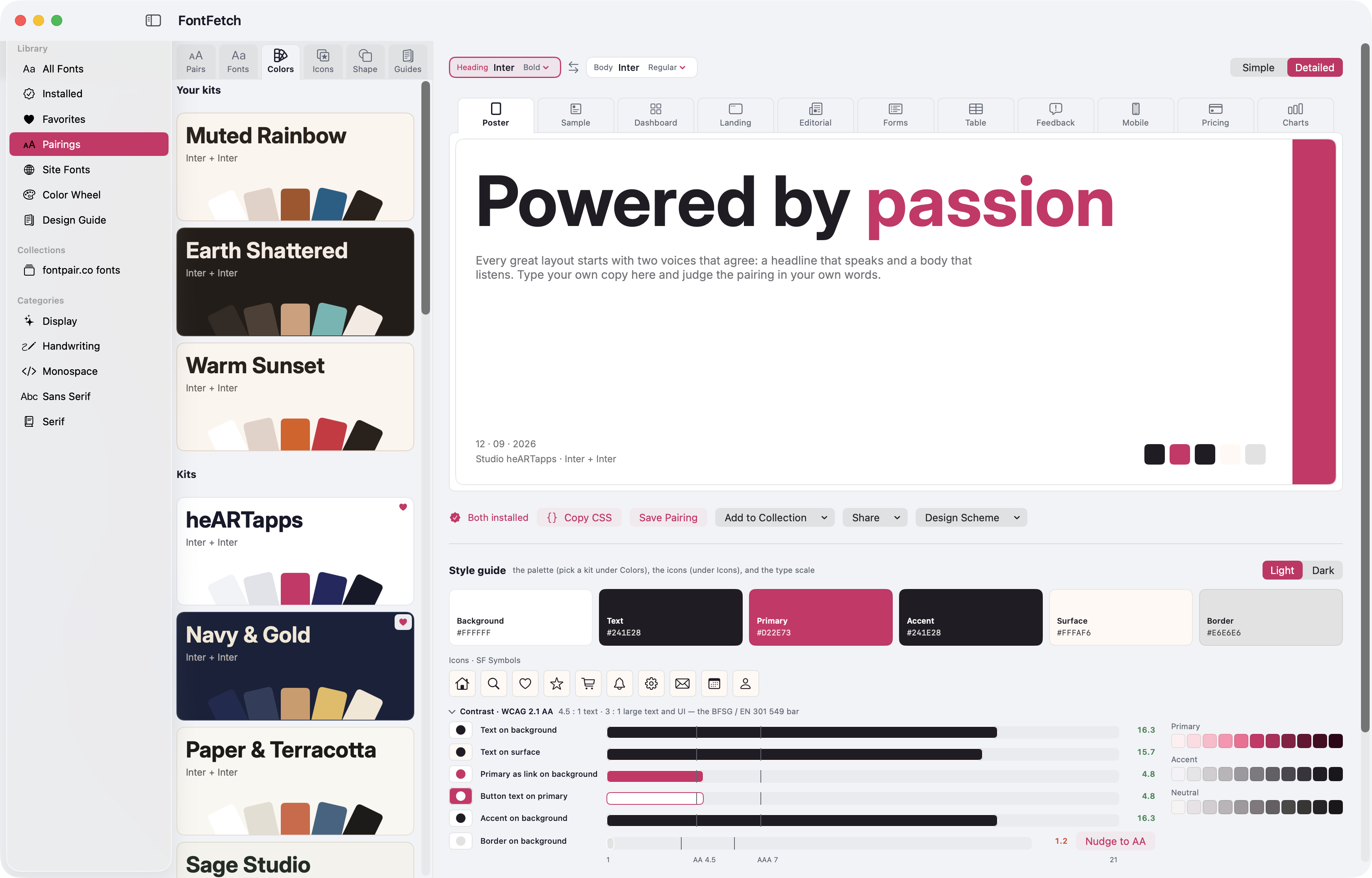 FontFetch's Pairings workbench — color kits, a Poster board set in Inter, and the style guide with its contrast audit