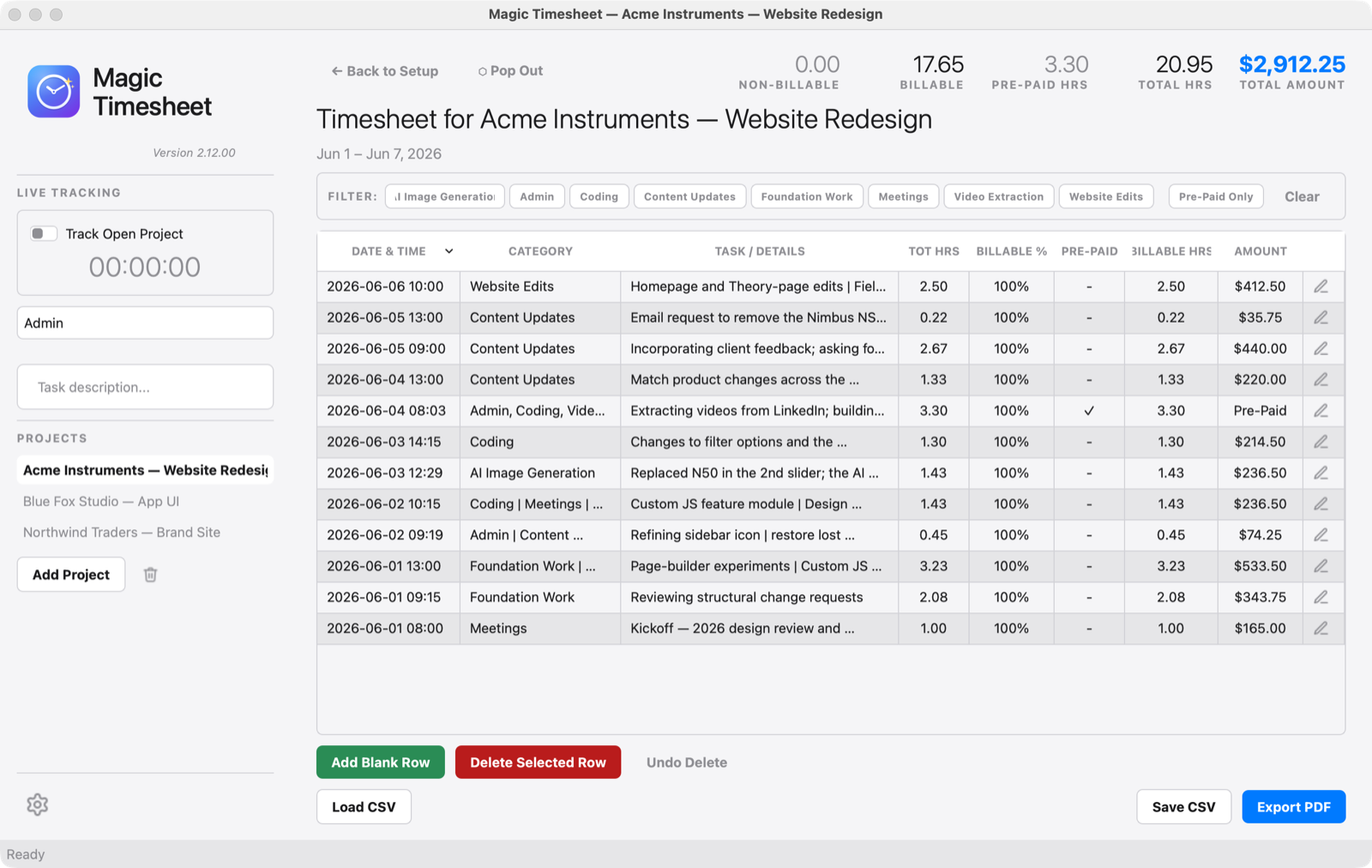 Magic Timesheet's reconstructed billable-hours ledger