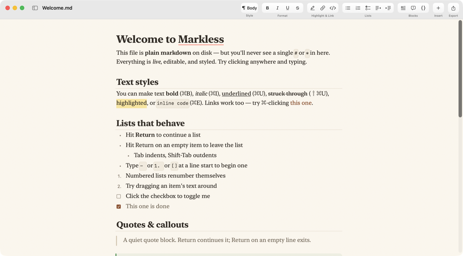 Markless editing a Welcome.md file